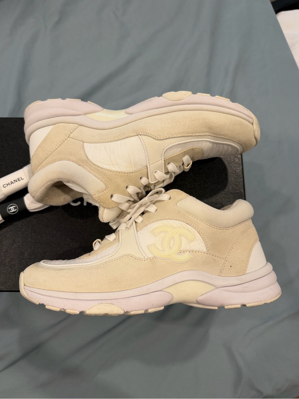 CHANEL White and Cream Women's Lace-Up Sneakers - Picture 3 of 6